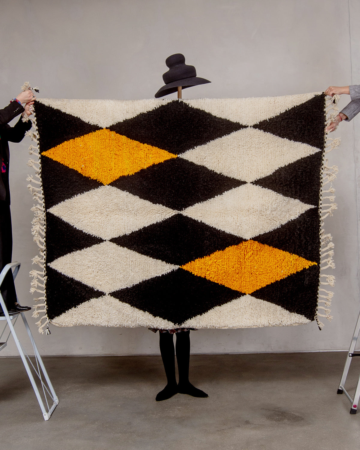 Modern, designer, handcrafted Berber rug from Morocco. Beniourain carpet with beautiful colours and patterns and fluffy wool texture.